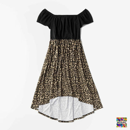 Dresses Summer Mosaic Mommy Off Shoulder Leopard Pattern Sisters Romper Family