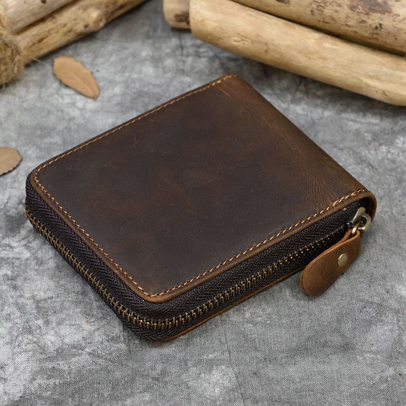 Real Leather Coin Wallet Zip Men Women Short Wallet Purse Zipper Brown Small