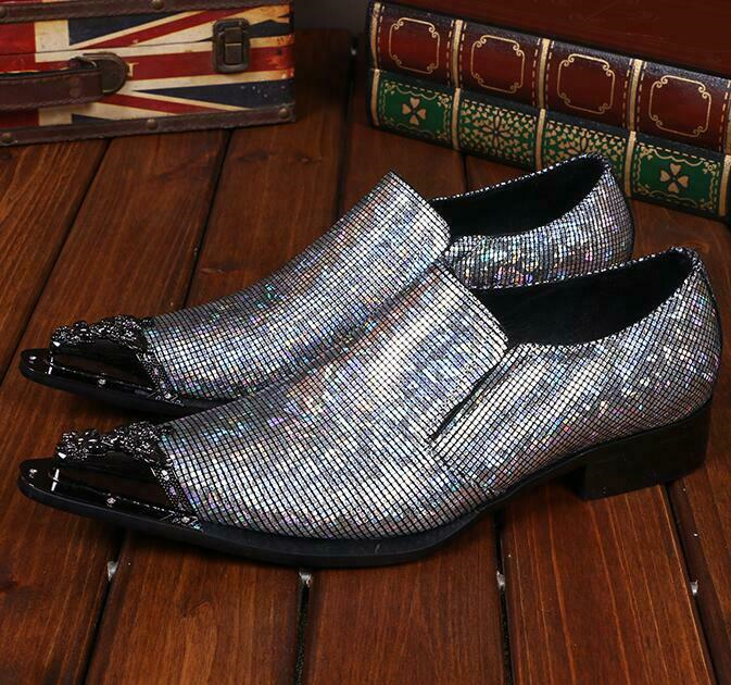 Men Leather Casual Nightclub Shiny Metal Pointy Toe Wedding Dress Business Shoes