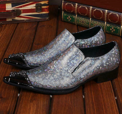 Men Leather Casual Nightclub Shiny Metal Pointy Toe Wedding Dress Business Shoes