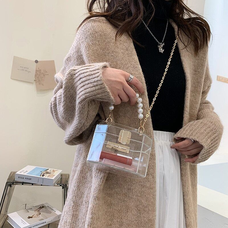 Box Handbags Women Pearl Beads Decor Lock Chain Shoulder Bag Purses Bag