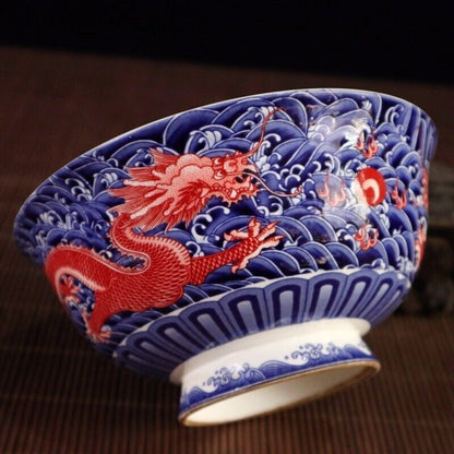 6.2" Chinese Blue and White Porcelain Red Glaze Two Dragon Grain Big Bowl