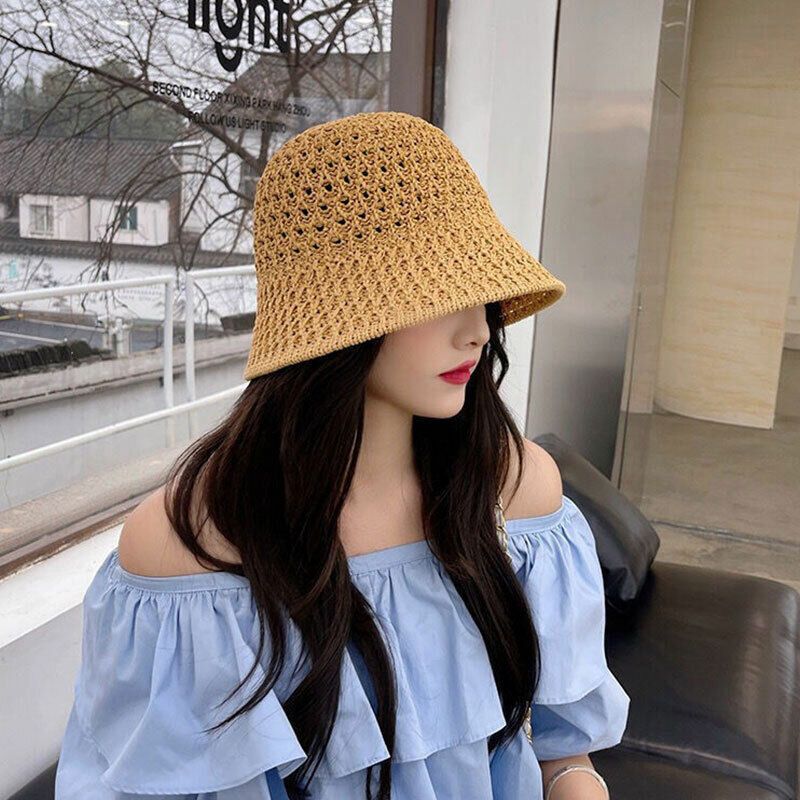 Women Ladies Summer Sun Beach Straw Hat Floppy Wide Brim Foldable Cap Bucket Hat