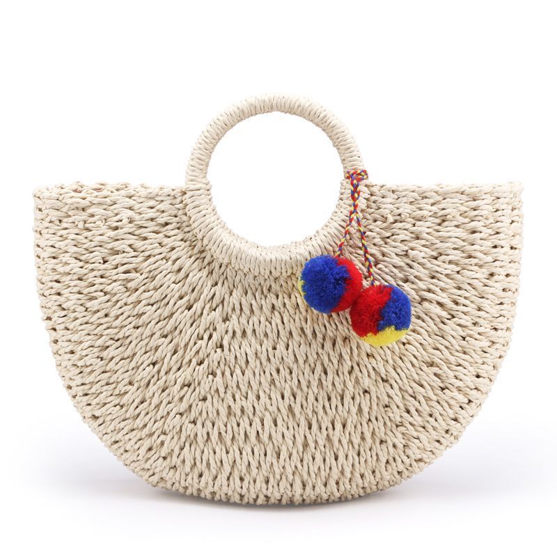Handmade Bags Pompon Beach Weaving Straw Bag Wrapped Beach Moon Shaped Purses