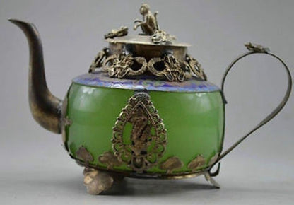 Old Silver Dragon Tea Pot Monkey Collectible Decorated Handwork Jade