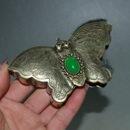 Vintage Copper Butterfly Ink Box 10cm Simulated Jade Inlay