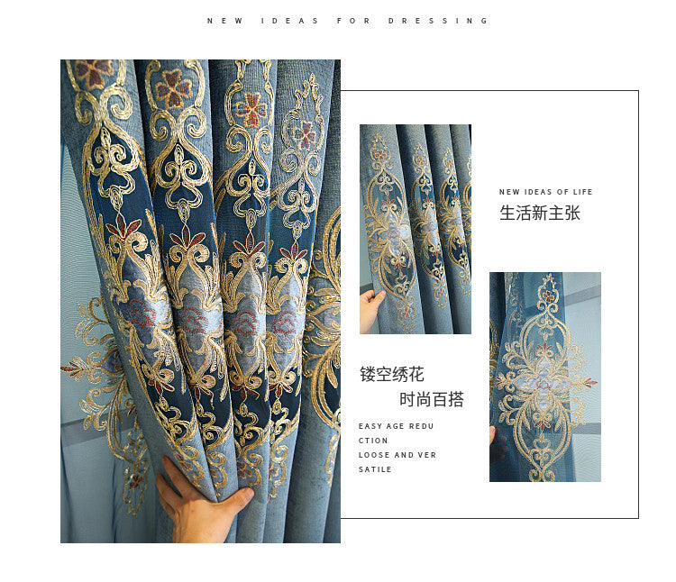 Chenille embroidered European blue cloth curtain tulle valance drape C1296