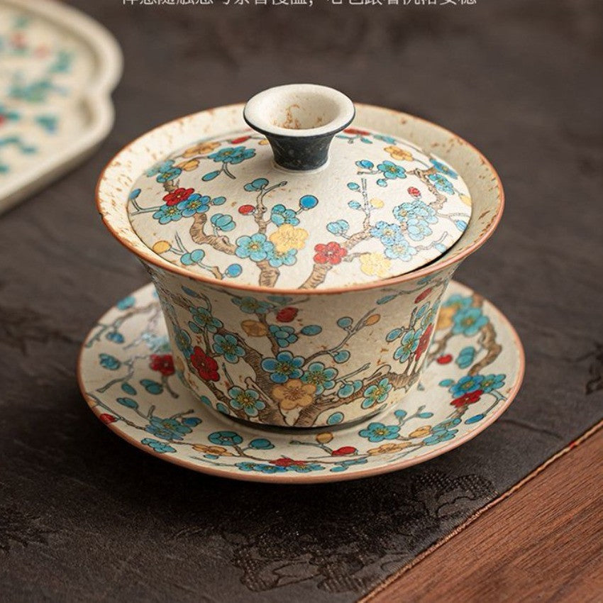 Vintage Clay Plum Blossom Gaiwan 10.7cm 150ml Hand Painted Tea Brewer Bowl