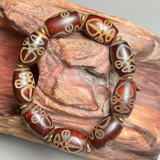 Tibetan Vajra Dzi Bead Bracelet Vintage Agate Unisex Buddhist Jewelry 22x12mm