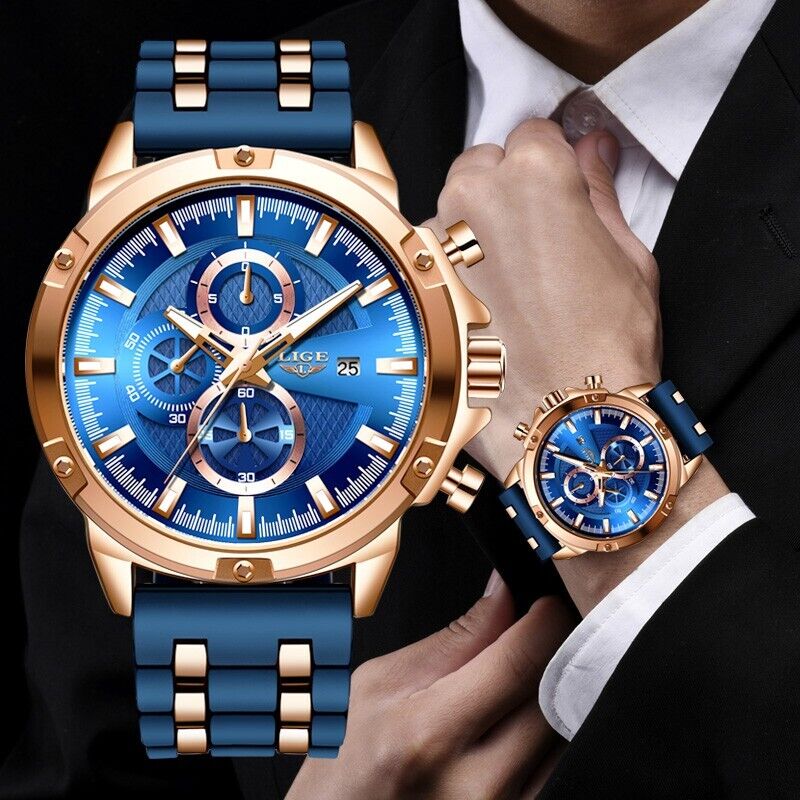 LIGE Men Watch Mens Bridge Manual Mechanical Dial Watch Rose Gold Blue Metal New