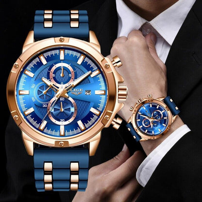 LIGE Men Watch Mens Bridge Manual Mechanical Dial Watch Rose Gold Blue Metal New
