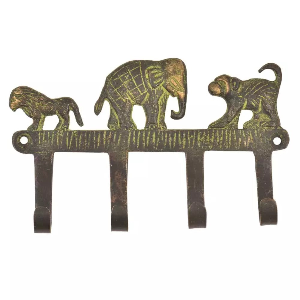 Antique Look Green Patina Elephant Lion Monkey Brass Hook Clothes Coat Hanger