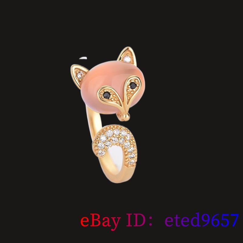 Pink Jade Fox Ring Natural Adjustable Ring Fashion Ladies Jewelry 925 Silver -