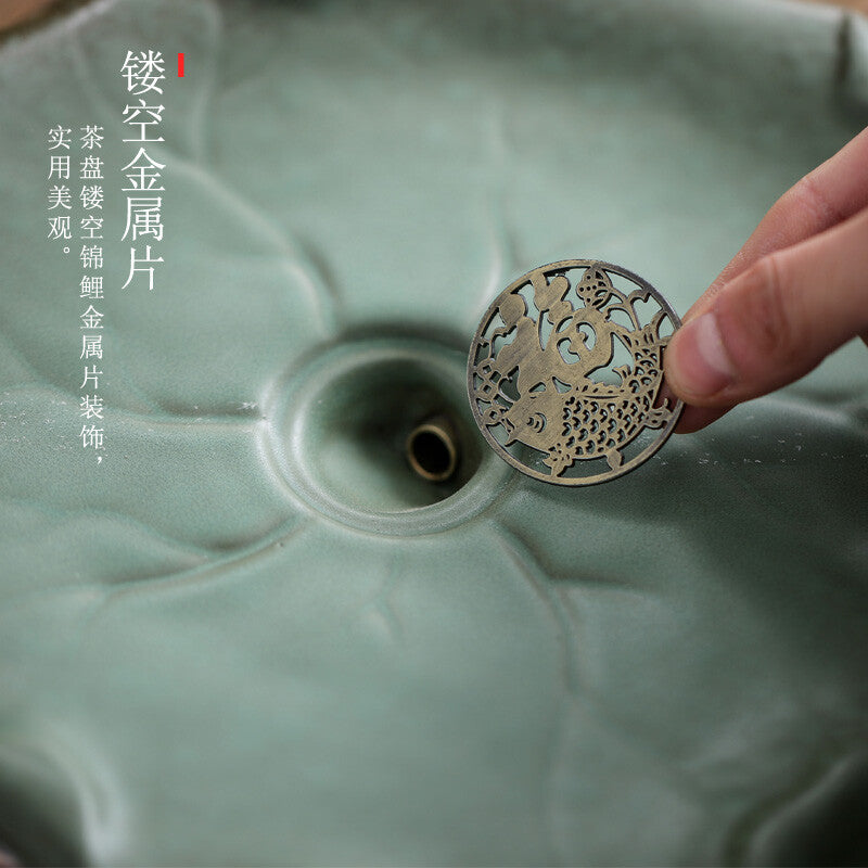 New Handmade Carved Lotus Reservoir Tea Tray Pottery Heavy Tea Table For Tea Set