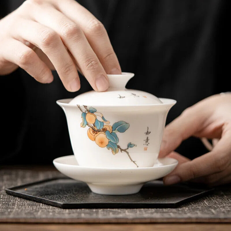 Chinese Suet Jade White Porcelain Tea Tureen Bowl Handmade Ceramic Teacup