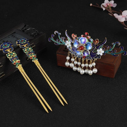 Chinese Hanfu Cloisonne Enamel Pearl Tassel 5pcs Hair Accessories Set