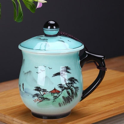 porcelain office cup 400ml handpainted craft lognquan celadon teacup with handle
