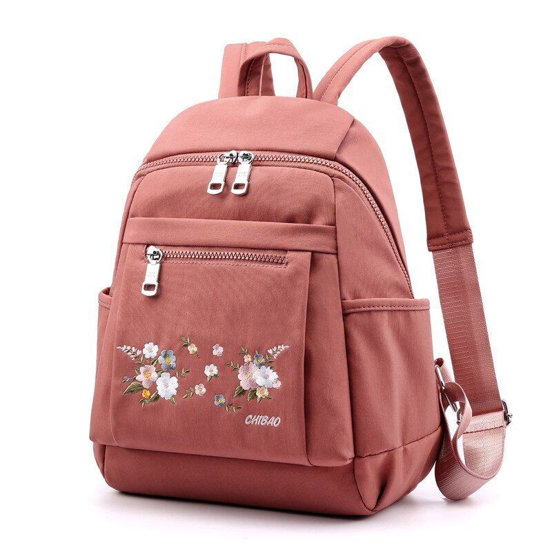 Nylon Backpack Black Zipper School Bags Flower Embroidery Rucksack High Capacity