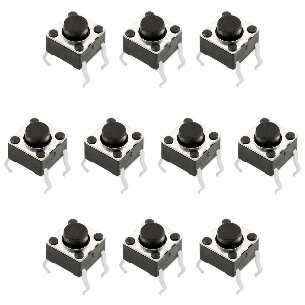10 Pack 6mm Square Tactile Momentary Switch w\ 1.5mm high Round Black Button