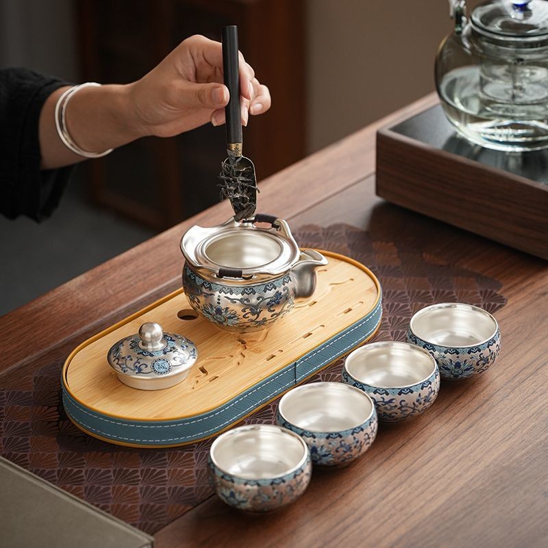 Chinese Silver Plated Travel Tea Set 1 Teapot 2 Cups Gift Box Gongfu