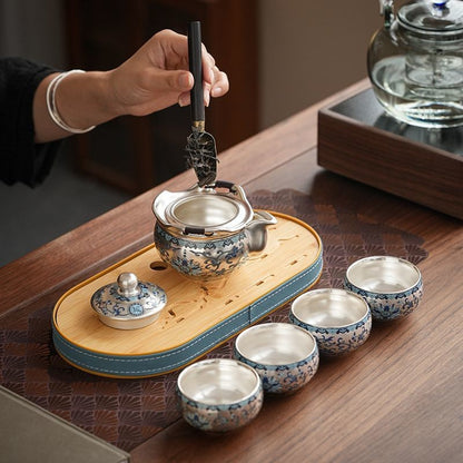 Chinese Silver Plated Travel Tea Set 1 Teapot 2 Cups Gift Box Gongfu