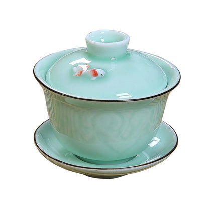 Carp / Golden Fish Relief Chinese Porcelain Tea Bowl Tea Service Cup Bowl Saucer