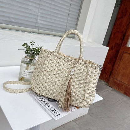 Summer Straw Shoulder Bag Pearl Tassel Weaving Vintage Large Handbag Shopper Bag