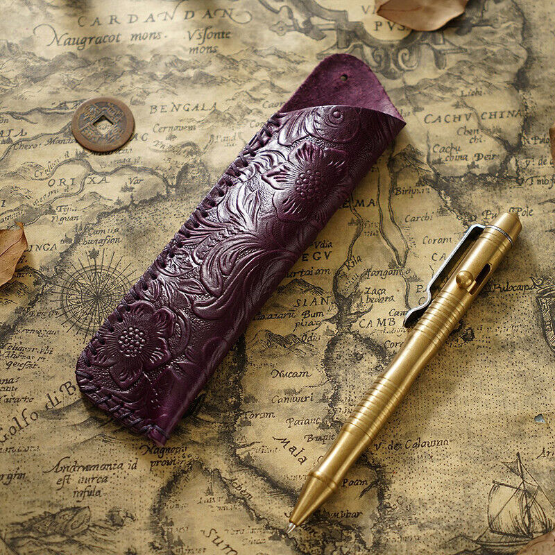 Portable Real Leather Pen Protector Bag Holder Pencil Case Handmade Carved Gifts