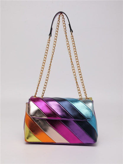 Rainbow Stitching Synthetic Handbag Metallic Chain Strap Crossbody Bag 27*9*17CM