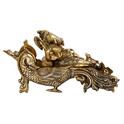 Brass Ganesha Bhagwan Idol Resting on Designer Peacock Couch Figurines