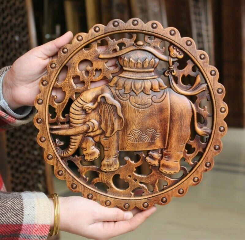 Camphor Wood Carved Elephant Plaque Wall Hanging Wooden Sculpture Art Décor