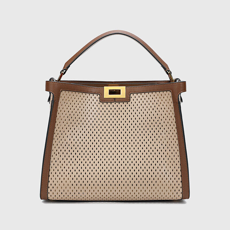 Trapezoid Perforated Real Leather Shoulder Bag Tote Handbag Purse Briefcase