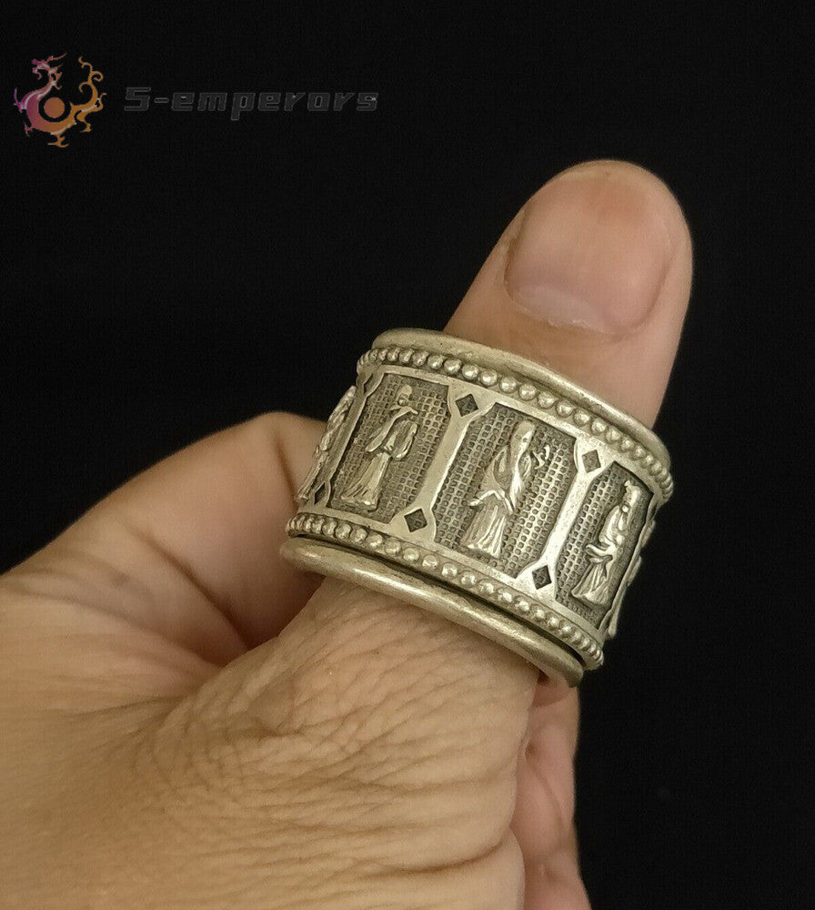 Collectible old tibet silver carved eight immortals double Ring revolve luck