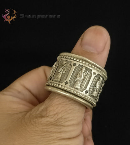 Collectible old tibet silver carved eight immortals double Ring revolve luck