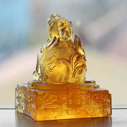Liu Li Crystal Glass Pi Xiu Seal Statue Feng Shui Ornament Mascot Gift