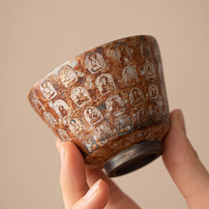 1Pc Chinese Retro Teacup Buddhism Silvering Master Cup Ceramics Tea Tasting Cup