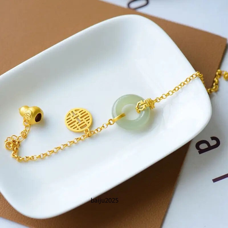 Natural Hetian Jade Gray Jade Fu Lu Shuangxi Safeness Ring Bracelet