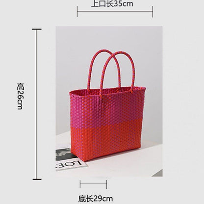 Plastic Hand-woven Bag Large Square Shopping Basket Bag Shoulder Purse Tote Bags