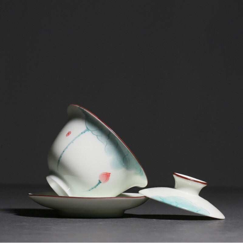 porcelain tea brewer gaiwan handpainted San Cai bowl with saucer 150cc tureen