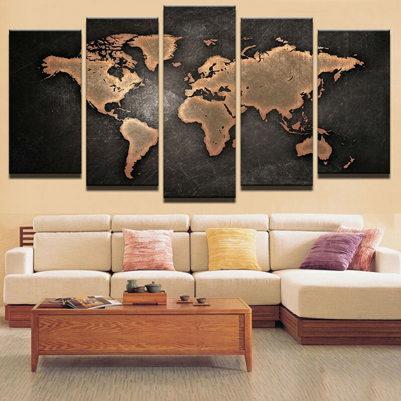 World Map Painting 5 Panel Canvas Print Wall Art Poster Home Decor