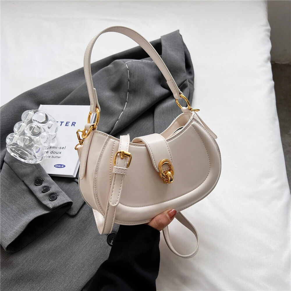 Saddle Shoulder Cossbody Bags Women Short Handle Half Moon PU Leather Handbags