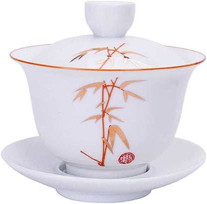 Porcelain Gaiwan 8oz Teacup White Tureen Chinese Cover Bowl Lip Cup Saucer Set