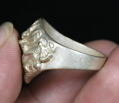 Old Chinese Luck Ring Miao Silver Feng Shui 12 Zodiac Year Dragon Wealth