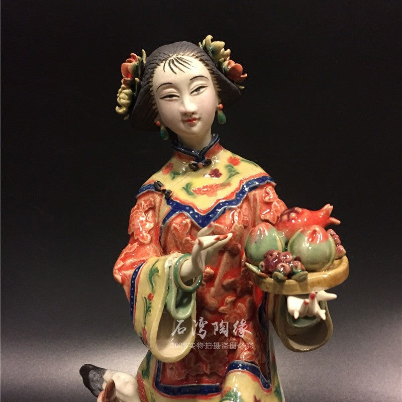 12" Chinese Wucai Porcelain Classical Beauty Women Bird Peach Long Life Figurine
