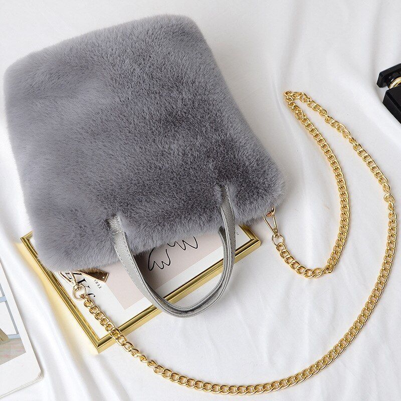 Fluffy Tote Bag Sling Chains Shoulder Strap Crossbody Faux Fur Bucket Handbag