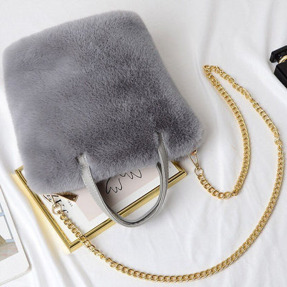 Fluffy Tote Bag Sling Chains Shoulder Strap Crossbody Faux Fur Bucket Handbag