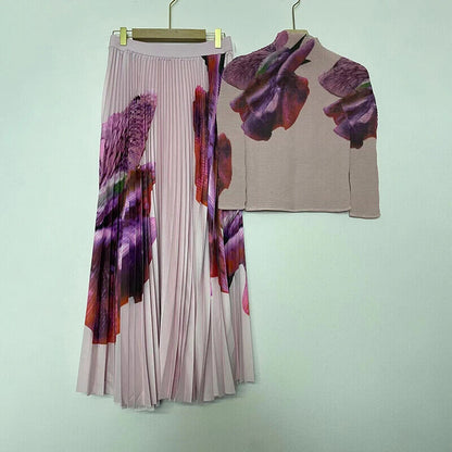 Spring Miayke Long Sleeve Women'S T-Shirt Bottomed Blouse+Pleated Skirt