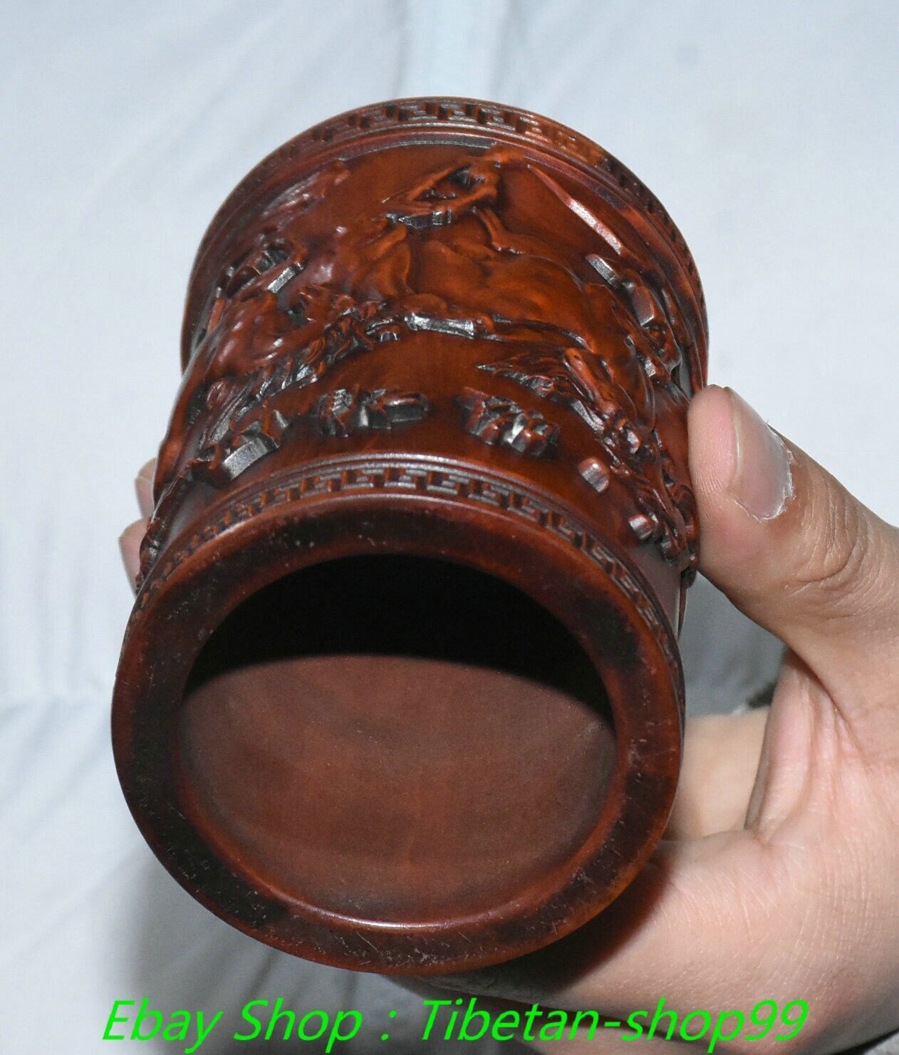 4.3''Old Chinese Boxwood Carving Horse Pot Pencil Holder Statue Sculpture