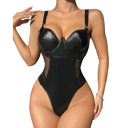 Leather Bodysuit for Women One Piece Thong Swimwear High-Cut Bathing Suits Tank