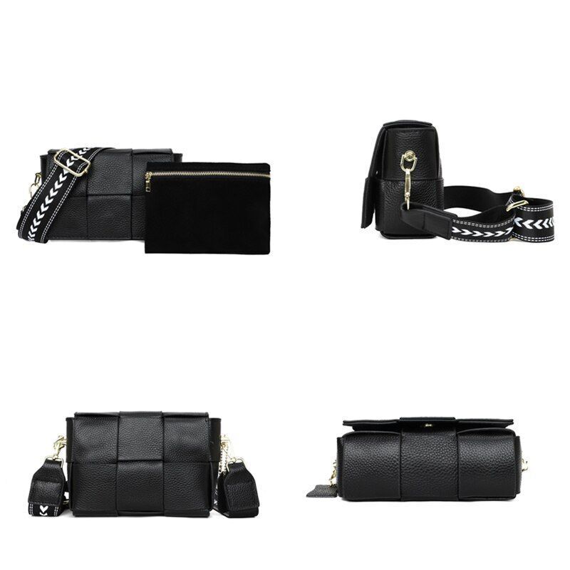 Genuine Leather Shoulder Bags Woven Cow Leather Crossbody Bags Wide Straps Purse